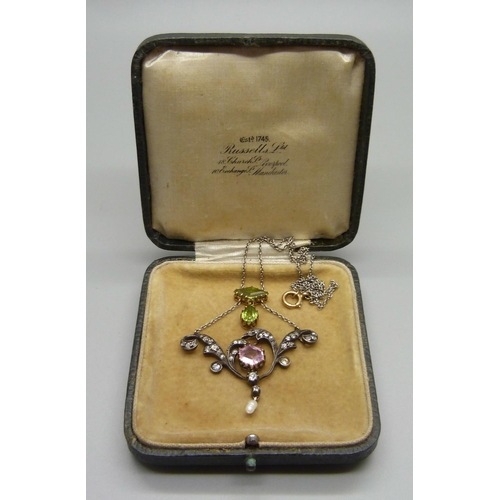 1034 - A Georgian drop pendant set with diamonds, green stone, pink tourmaline and a small pearl drop