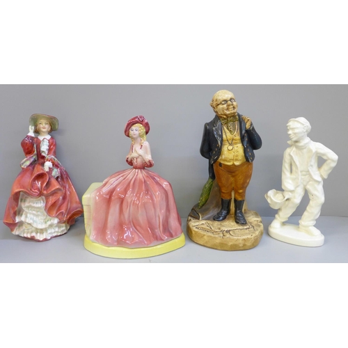 602 - A Royal Doulton figure, Top o' the Hill, a powder dish, a Mr Pickwick Bretby figure and a Wedgwood a... 