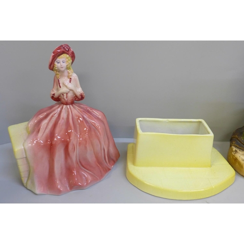 602 - A Royal Doulton figure, Top o' the Hill, a powder dish, a Mr Pickwick Bretby figure and a Wedgwood a... 