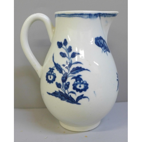 617 - An 18th Century Worcester three flowers pattern sparrow beak porcelain jug, circa 1780, 11.5cm