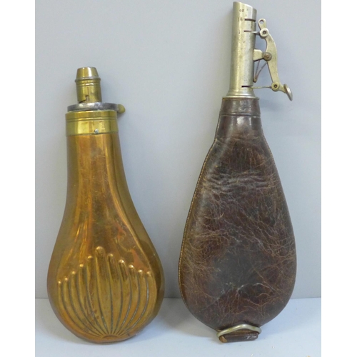 619 - A leather powder flask and a copper and brass shot flask