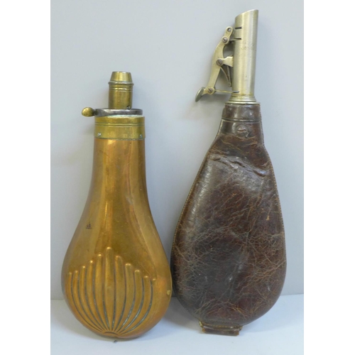 619 - A leather powder flask and a copper and brass shot flask