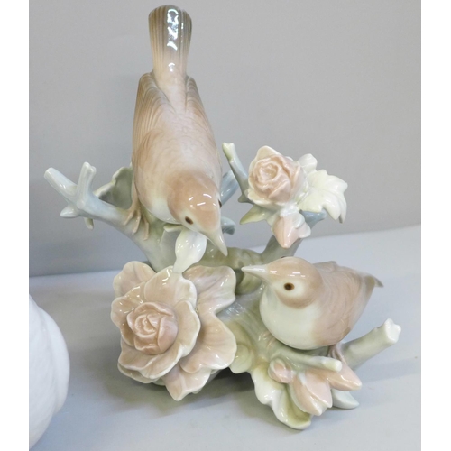 632 - Two Lladro bird figure groups, doves and nightingales