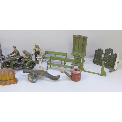 637 - Britains lead Army figures, vehicle, motorbike, benches and a windmill