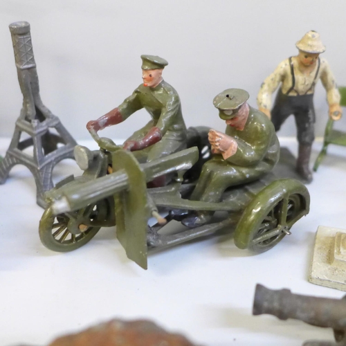 637 - Britains lead Army figures, vehicle, motorbike, benches and a windmill