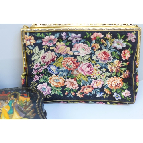 641 - A vintage Russian lacquered box and two petit-point purses