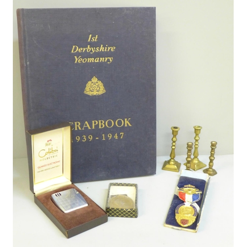 648 - A RAOB 1937 Coronation medal, one other medallion, a Colibri lighter, four small brass candlesticks ... 
