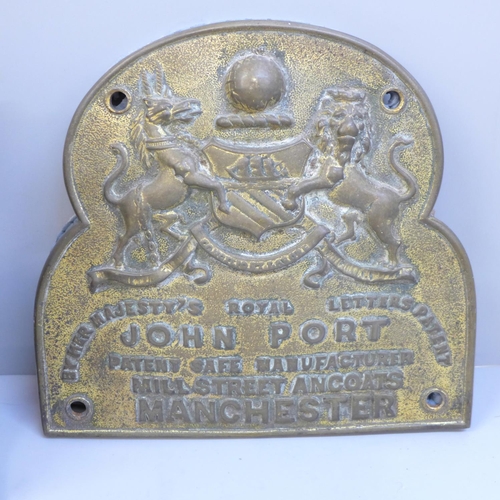 649 - A Safe Insurance plaque, John Port, safe manufacturer, Mill Street, Ancoats, Manchester and a boxed ... 