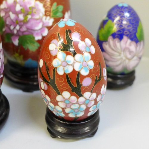 661 - Five large cloisonne eggs on stands and five smaller
