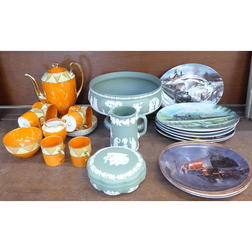 663 - A collection of assorted china, Wedgwood Jasperware, eight railway collectors plates and a mid-Centu... 