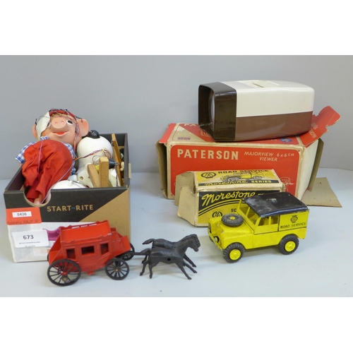 673 - Two Pelham puppets, an AA Road Service Land Rover Series model vehicle, a stagecoach and a Paterson ... 