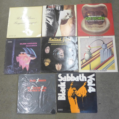 680 - Eight rock LP records, Rolling Stones and Black Sabbath including Paranoid, Rolling Stones Sticky Fi... 