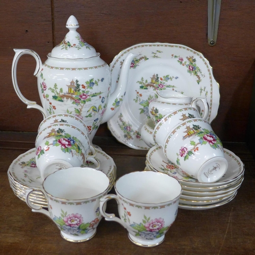 690 - A Crown Staffordshire six setting china Pagoda pattern tea service, six cups, saucers, small plates,... 