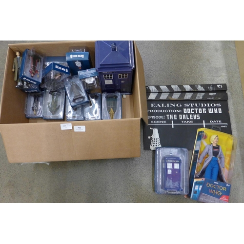 706 - A box of Doctor Who figures, clapperboard, Tardis, etc., most boxed
