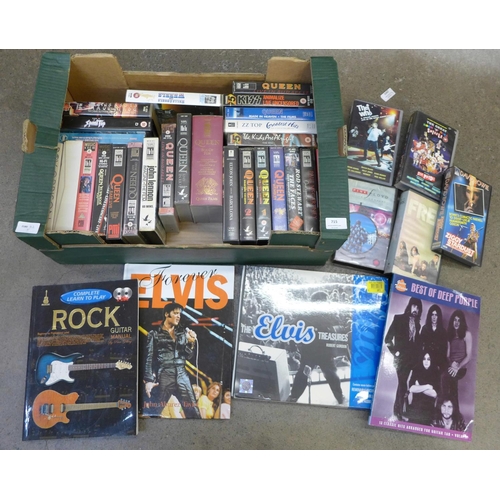 715 - A box of rock VHS videos, Queen, David Bowie, Sex Pistols, Pink Floyd and music books (learn to play... 