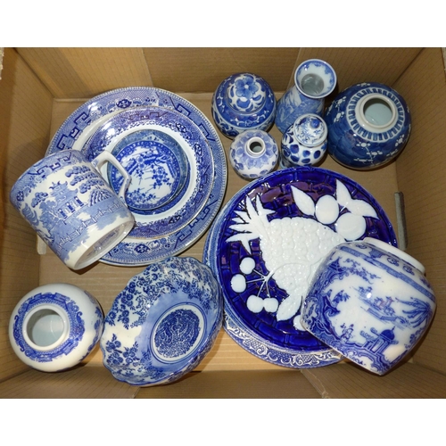 720 - A collection of blue and white china including a W.A. & Sons Willow pattern mug, other Willow patter... 