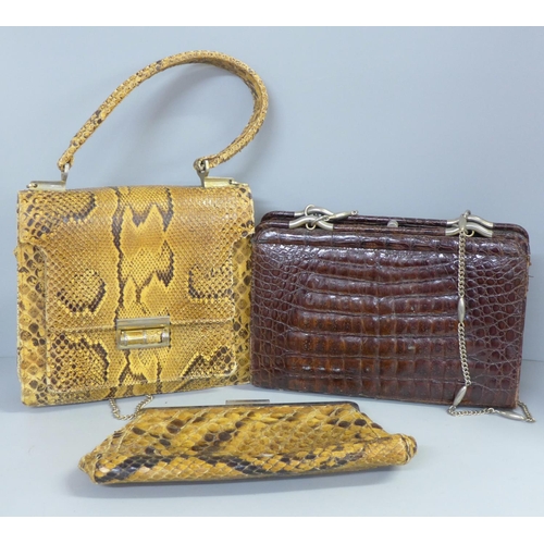 733 - Two crocodile skin handbags and one other