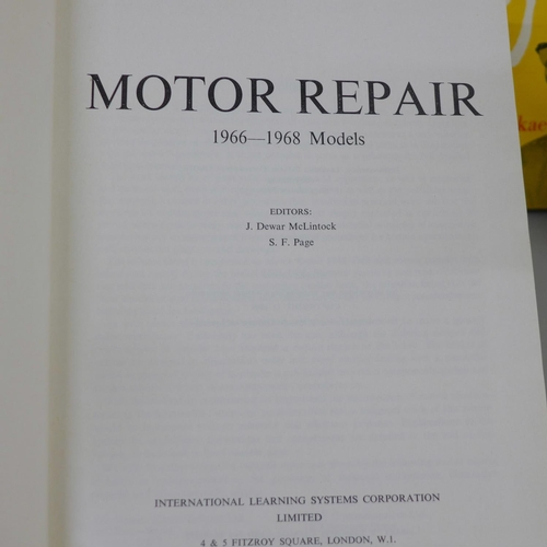 738 - Four motor repair books, 1960s, two Observers Book of Automobiles and a Jersey hotel pamphlet