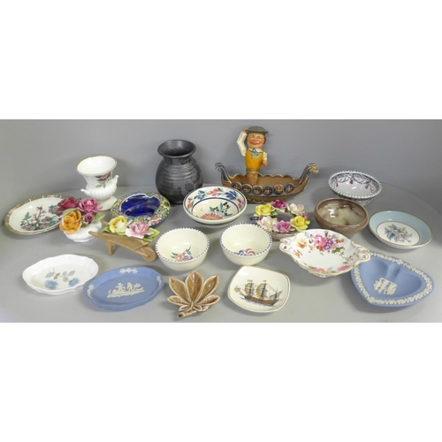 741 - Assorted china, etc., Poole, Maling, Wedgwood, Wade, Prinknash and a novelty bottle stopper