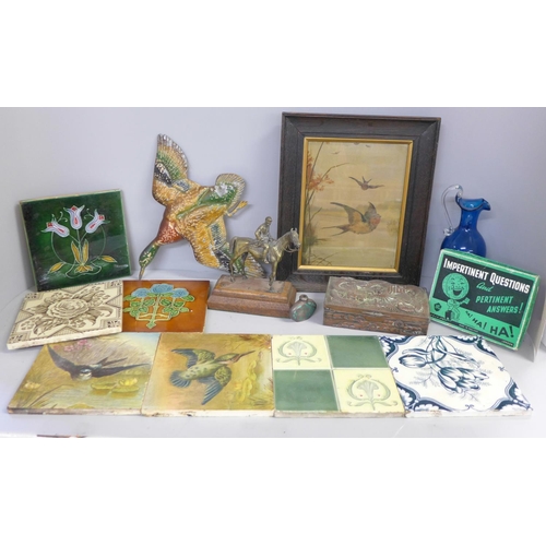 742 - A collection of fireplace tiles, a model brass racehorse with jockey, a duck wall plaque, an orienta... 