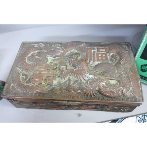 742 - A collection of fireplace tiles, a model brass racehorse with jockey, a duck wall plaque, an orienta... 