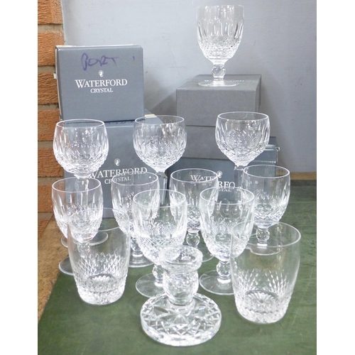 758 - Waterford Lismore crystal; four port glasses, Waterford Colleen crystal, six claret, five large wine... 