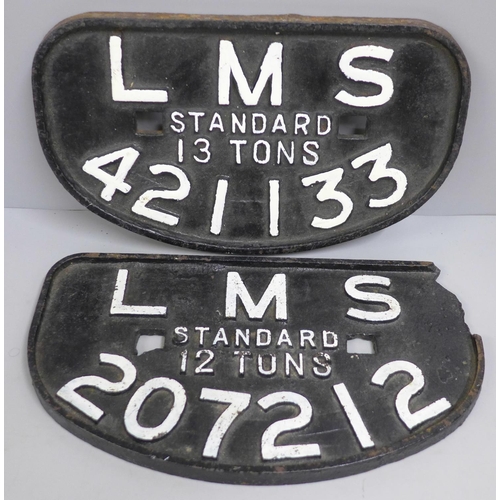 762 - Two cast iron LMS railway plaques, 28cm, one a/f