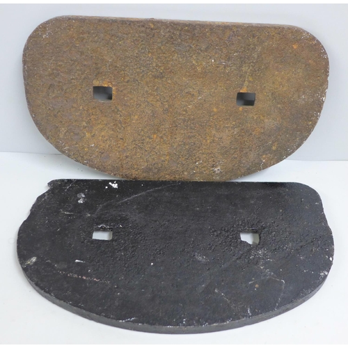 762 - Two cast iron LMS railway plaques, 28cm, one a/f