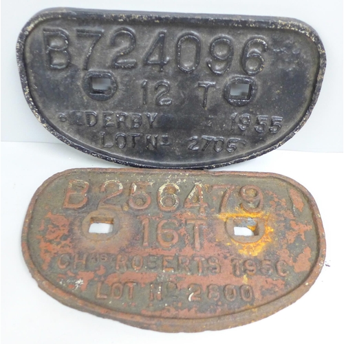 773 - Two cast iron railway plaques, dated 1955 and 1956, 28cm