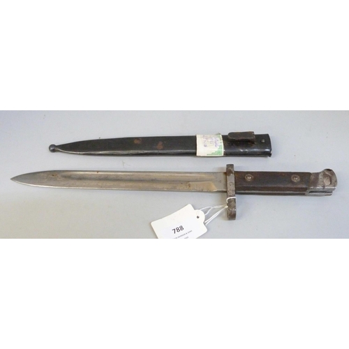 788 - An Austrian 1895 pattern Manonlicher bayonet with marks CE over WG, with scabbard