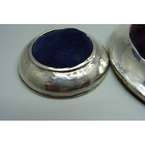 867 - Three silver mounted pin cushions