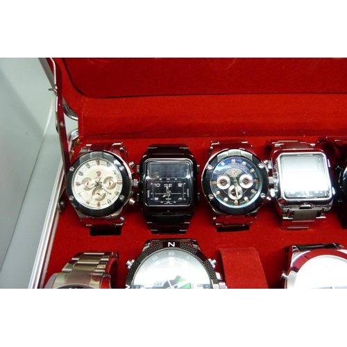 877 - A collection of wristwatches, WEiDE and Shark, in a metal case, (20), WEiDE watches with button oper... 