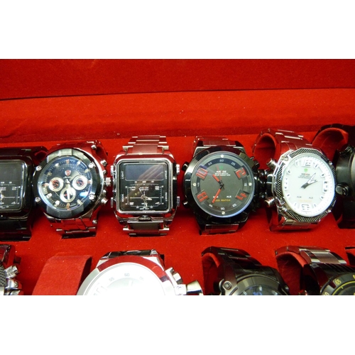 877 - A collection of wristwatches, WEiDE and Shark, in a metal case, (20), WEiDE watches with button oper... 