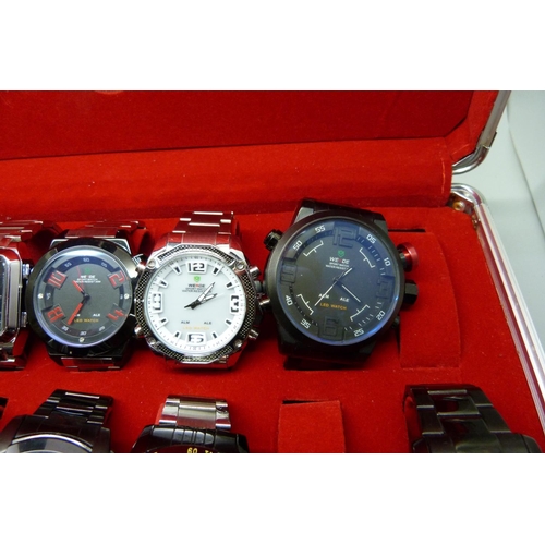 877 - A collection of wristwatches, WEiDE and Shark, in a metal case, (20), WEiDE watches with button oper... 