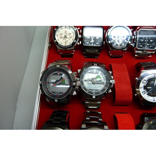 877 - A collection of wristwatches, WEiDE and Shark, in a metal case, (20), WEiDE watches with button oper... 