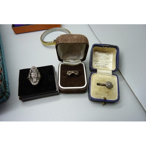 879 - A collection of costume jewellery and three silver and marcasite rings