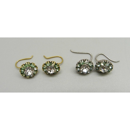 886 - A pair of 9ct gold, green and white stone earrings and a pair of white metal earrings