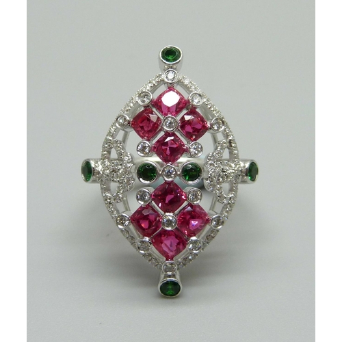 903 - An 18ct gold, ruby, diamond and green diopside dress ring, 8g, L