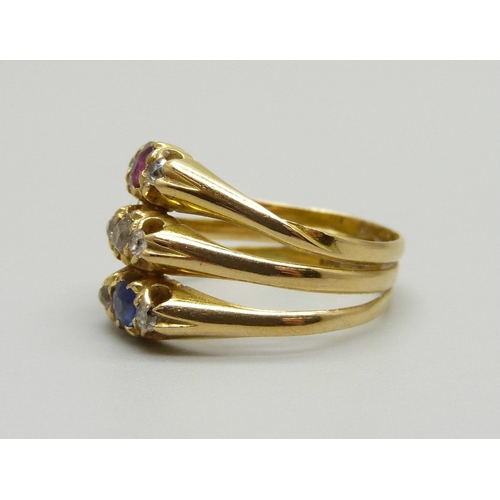 908 - A Victorian 18ct gold triple ring set with diamonds, a sapphire and a ruby, (three rings placed toge... 