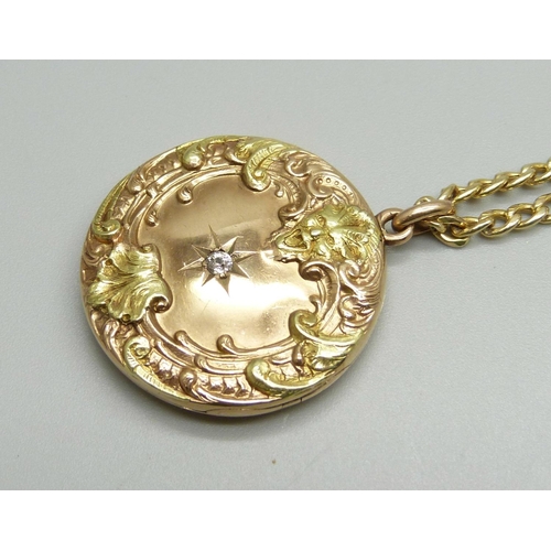 916 - A 9ct gold and diamond set locket on a 9ct gold chain, 13.5g, chain 60cm