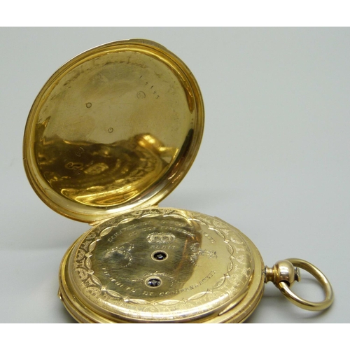 924 - A French 18ct gold quarter repeater pocket watch, circa 1870, total weight 75.7g