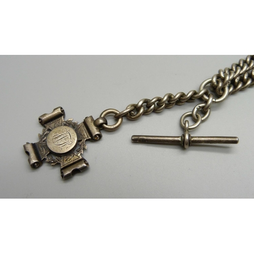 943 - A silver Albert watch chain with silver fob, 69g