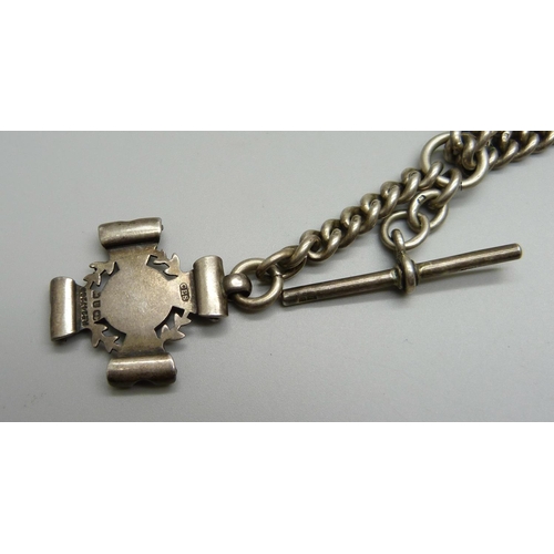 943 - A silver Albert watch chain with silver fob, 69g