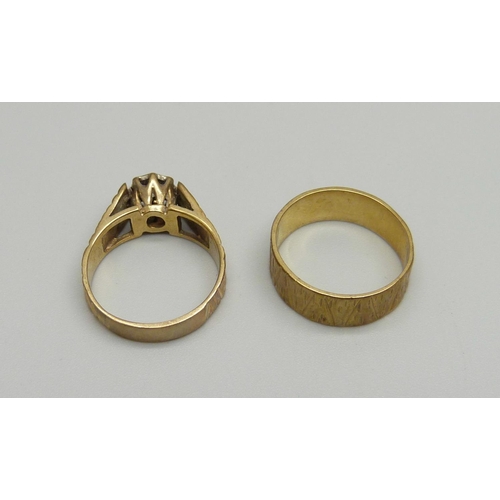 947 - A 9ct gold wedding ring with bark detail and matching engagement ring set with a diamond, 5.7g, K/L