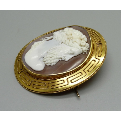 953 - A circa 1900 yellow metal mounted cameo brooch, cameo a/f, 54mm wide