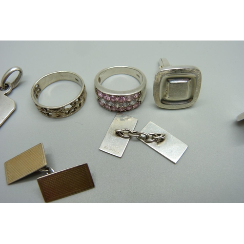 971 - Two pairs of silver cufflinks, one with 9ct gold overlay, two silver rings and an 800 silver tag nec... 