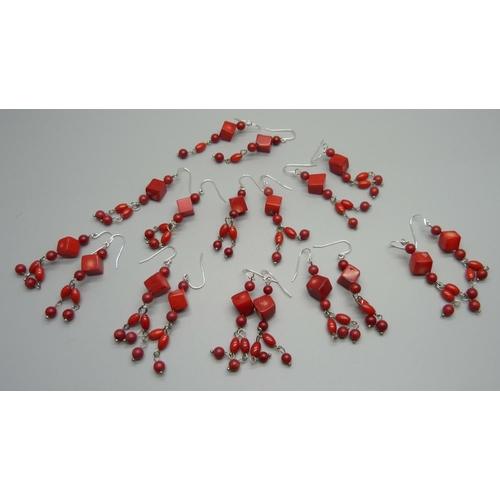 980 - Nine pairs of coral earrings on 925 silver hooks