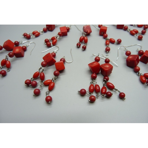 980 - Nine pairs of coral earrings on 925 silver hooks