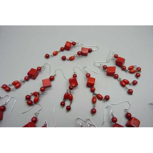 980 - Nine pairs of coral earrings on 925 silver hooks