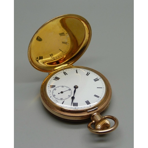 999 - A gold plated full hunter pocket watch with long service inscription to inner cuvette